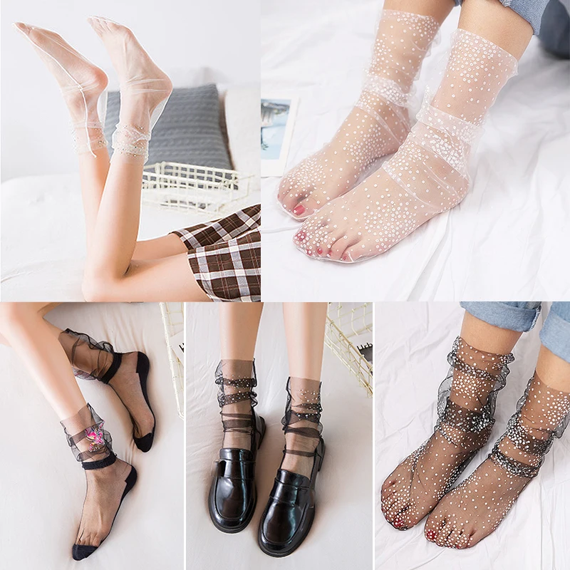 

5 Colors Cool Ultra-thin Sheer Adjustable Soft Flower Transparent Mesh Elastic Comfortable 1Pair 2020 New Design Free Size