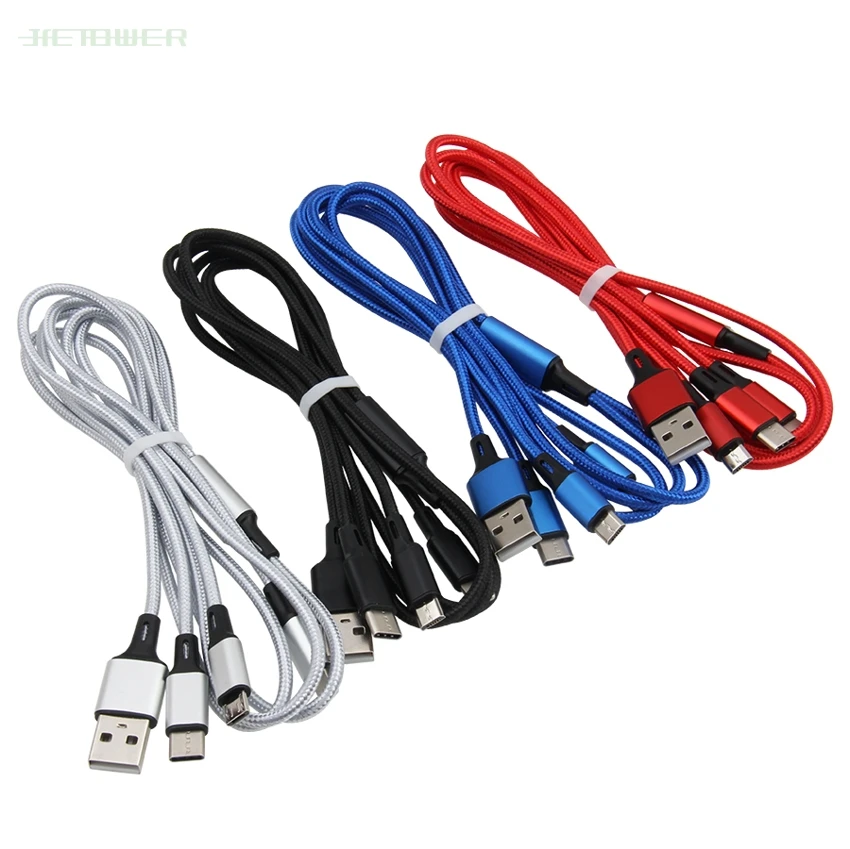 

300pcs/lot 3In1 USB Cable for IPhone Fast Charging Cable Micro USB Type C 3in1 Mobile Phone Cables Charge Cord for Samsung Note8