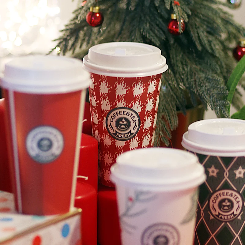 

50pcs High quality creative red Christmas new year paper cup 14oz 400ml disposable coffee cup drink packaging cups with lid