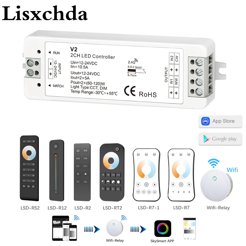 WW CW LED Controller 12V 24V 10A 2CH 2.4G Single Color CCT Light Strip ...