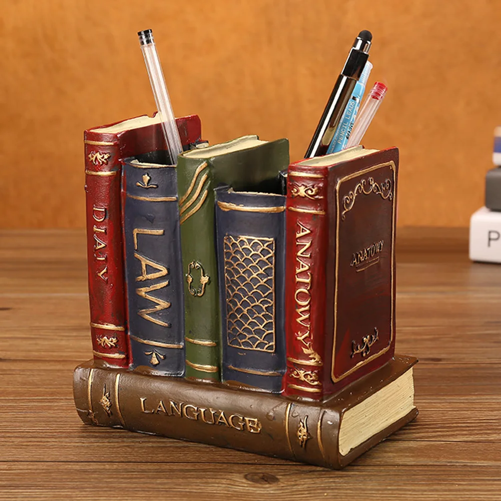 

Multifunction Durable Sundries Storage Practical Home Desk Pen Holder Decoration Two Compartment Vintage Book Shape Office Resin