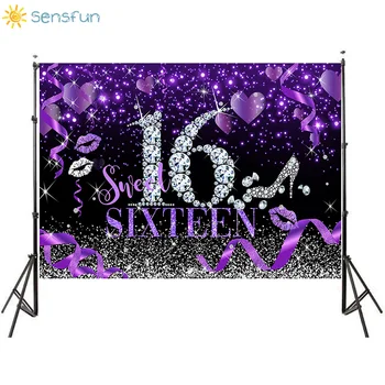 

Sensfun Photography Backdrops Sweet 16th Birthday Background Customize Black Purple Diamond Glitter Banner Photo Booth Props