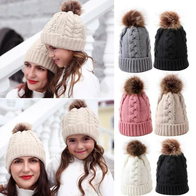 Bonnet tricoté avec pompon en laine pour mère et fille, bonnet d'hiver en  fausse fourrure avec Crochet, pour la famille - AliExpress