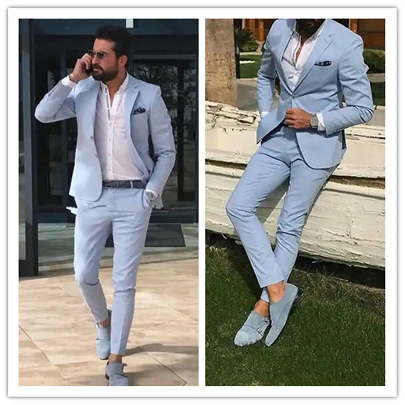 Trajes de graduación para hombre de corte Delgado azul celeste, solapa con  muescas, esmoquin para boda en la playa, dos piezas, chaqueta,  pantalón|Trajes a medida| - AliExpress