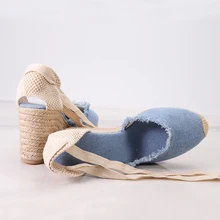 Women canvas wedge espadrilles 2019 Sping and Summer 9cm heel height frayed Shoes