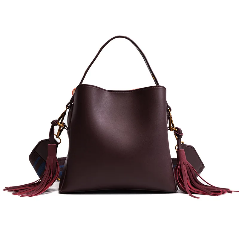 

2019 New Style Double-Sided Double Color Bucket Bag Tassels One-Shoulder Diagonal Handbag