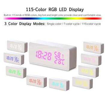 

New Smart Alarm Clock Wood LED Alarm Clock Voice Control Digital Alarm Clock Snooze Function 115-Colored Temperature/ Date Disp