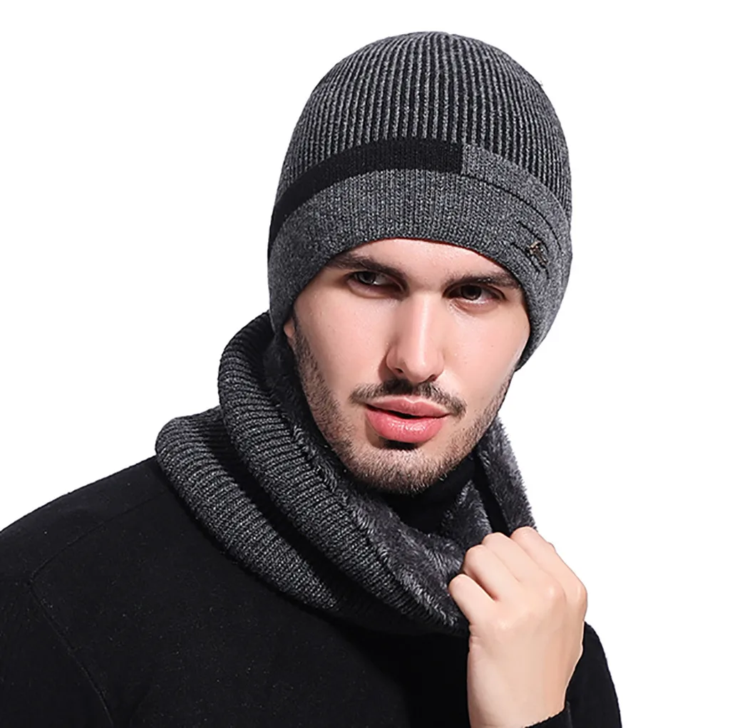 Мужская теплая шапка и шарф, костюм для шеи, теплая зимняя вязаная ветрозащитная шапка, шапка и шарф, комплект из двух предметов, одноцветные гетры для шеи, Новинка