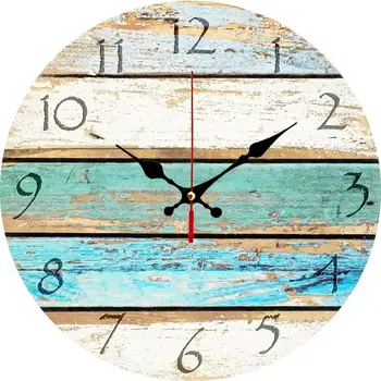 

Arabic Numerals Wall Clock Beachy Boards Design Ocean Colors Old Paint Board Printed Image Mediterranean Style Wooden Wall Clock