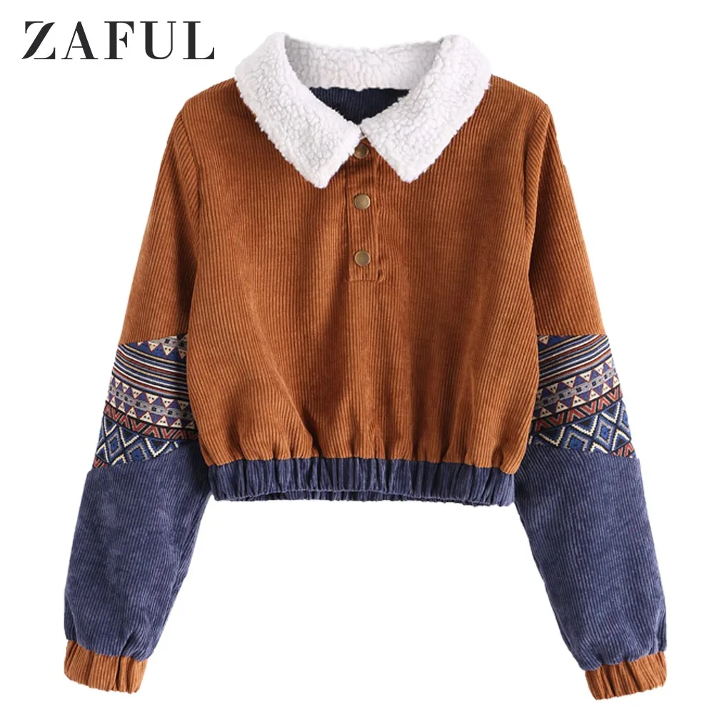 Женский вельветовый Укороченный свитшот ZAFUL винтажный хлопковый пуловер на