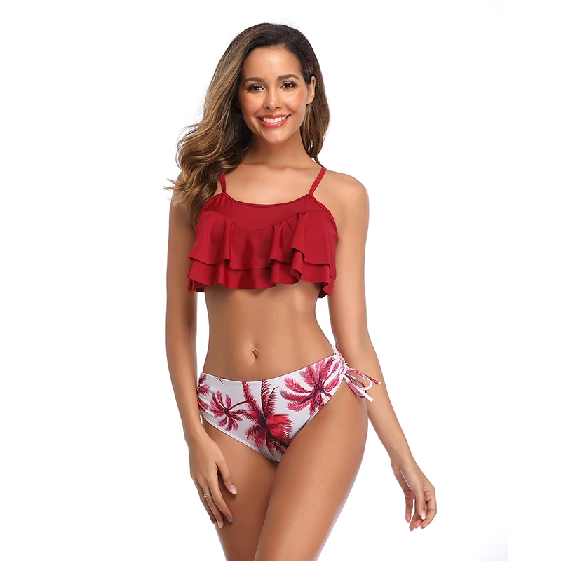 

2020 Ruffle Floral Printed Sexy Bikini Set Halter swimsuit High Waist Swimwear Women Brazilian Biquini Two Piece Bathing Suit