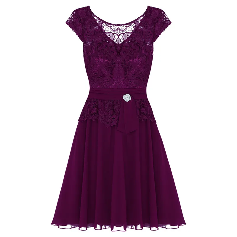 Women Ladies Short Sleeves Tea Length Floral Lace Overlay Elegant Pageant Formal Evening Party Chiffon Dress With Built-in-bra