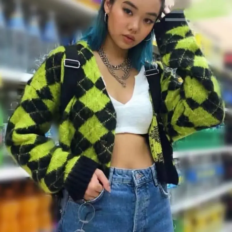 

Women Sweaters 2020 V-Neck Casual Plaid Cardigans Streetwear Single Breasted Puff Sleeve Cardigan Autumn Winter Loose Sweater