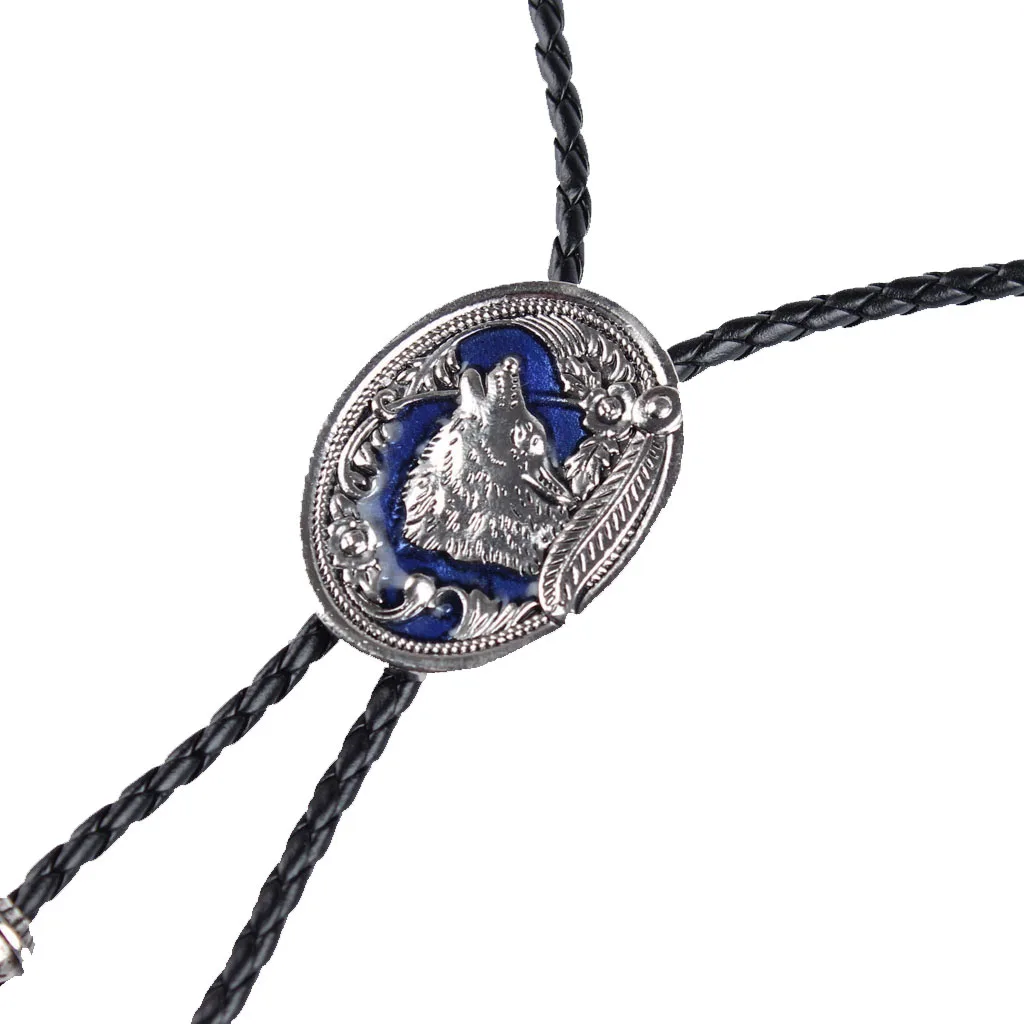 Vintage Aborigines silver color Wolf Western Cowboy Rodeo Bolo Leather Necktie