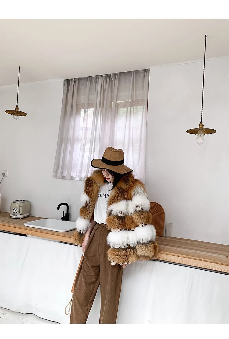 Charming Ladies Casual Warm Patchwork Real Fur Coat Winter Natural Womens Clothing Elegant Outwear Fashion Genuine Fur Coat