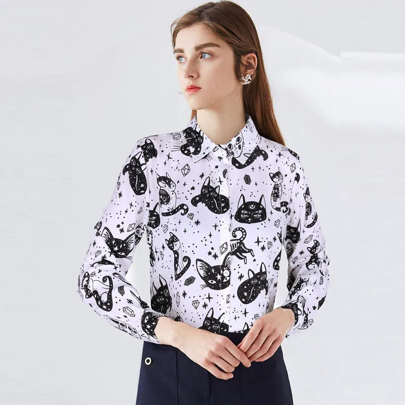 Cartoon Cat Pattern Women'S Chiffon Shirt Fashion Woman Blouses 2021 Spring Autumn Long Sleeve Casual Girls' Top Female Clothing