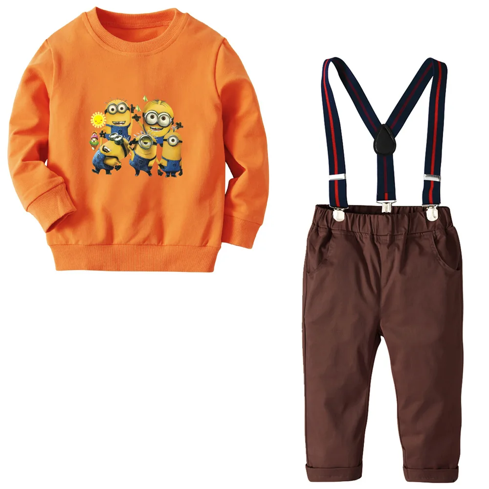 

BOY'S Cotton Looped Pile Hoodie Elasticity Woven Suspender Trousers Set Baby Spring And Autumn Set Children Outer Wear