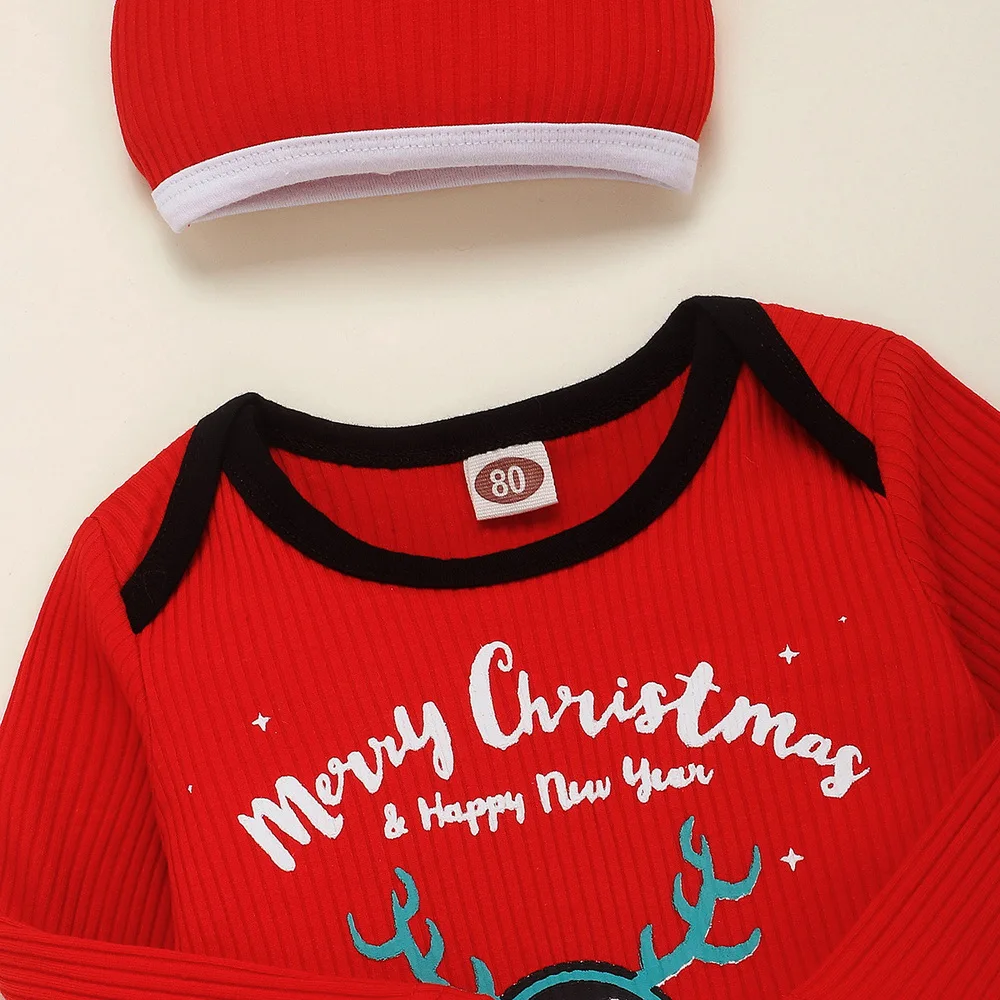 Комплект рождественской одежды для новорожденных мальчиков и девочек, длинный комбинезон с рисунком и длинные штаны с красной шапочкой, комплект из 3 предметов, повседневная одежда для новорожденных мальчиков, D30