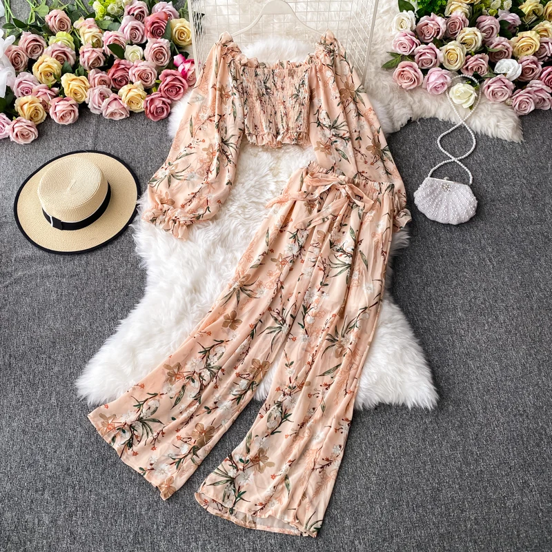 Boho Two Piece Set Women Print Off Shoulder Crop Top And High Waist Wide Leg Woman Pants Autumn 2 Piece Sets Fashion Lounge Wear