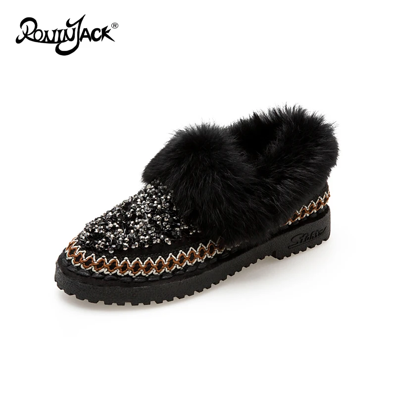 

Plush Warm Snow Boots 2019 Winter Flats Women Sequins Rabbit hair Bohemia Thicken Cotton Boots Bling Non-slip Boots Cotton Shoe
