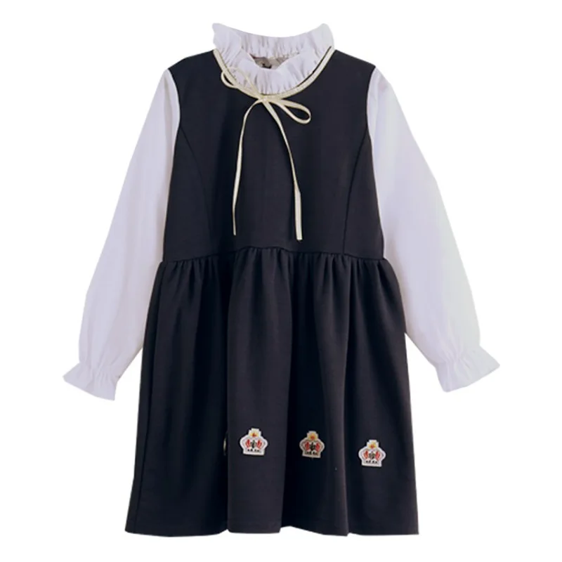 

Autumn Casual Baby Girls Dress Crown Print Long Sleeve Bowknot Design Kids Toddler Sundress