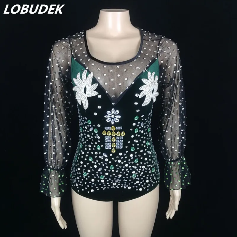 

Modern Ballroom Latin Dance One Piece Tops Mesh Lantern Sleeve Rhinestones Velvet Bodysuit DJ Dancer Bar Nightclub Costume