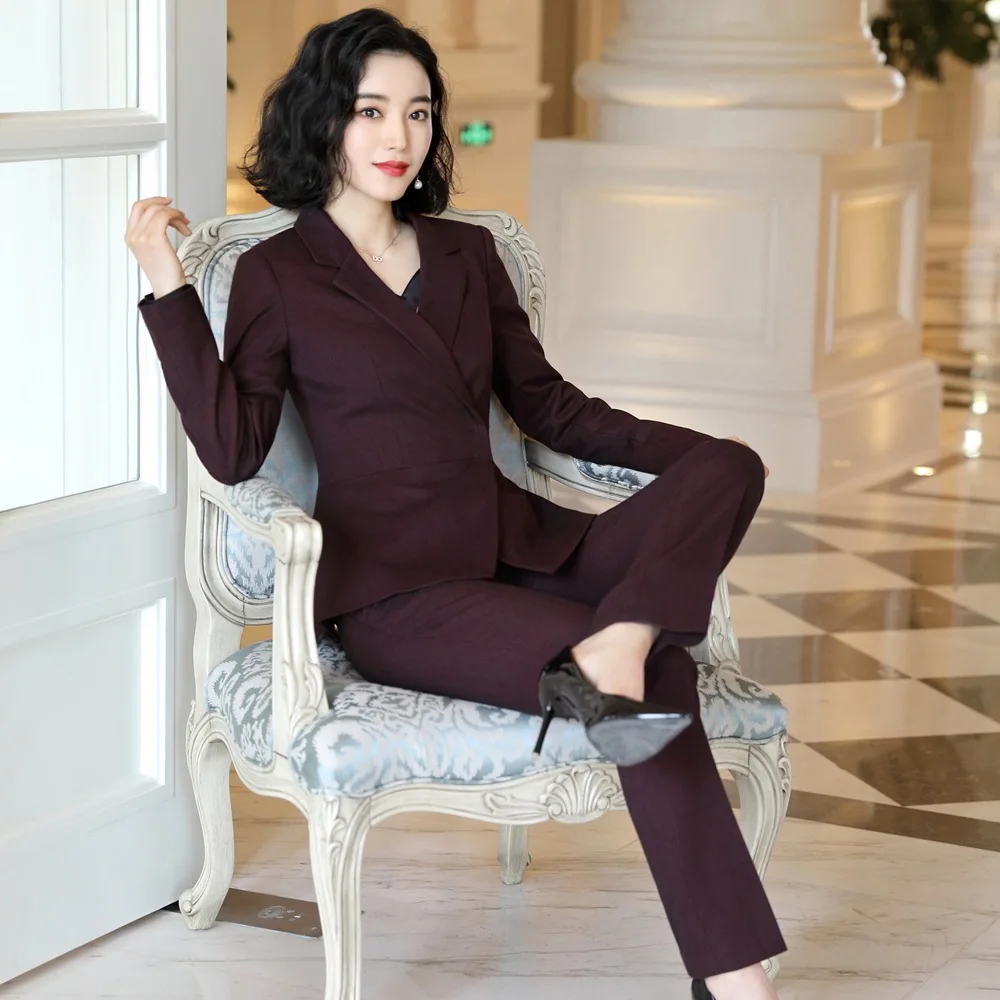Офисный костюм, высокое качество OL женский костюм, костюм, пиджак, брюки, Двухсекционный фиолетовый черный костюм женские s костюмы