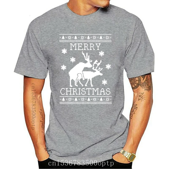 New 2021 Cotton Reindeer Humping Ugly Christmas Sweater T-Shirt Merry Xmas Party Present Gift Short-Sleeve T-Shirt grayMen