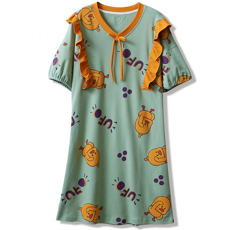 

M-4XL 2020 new large size V-neck nightgown casual short sleeve fashion comfortable cute cartoon printed summer women's nightgown