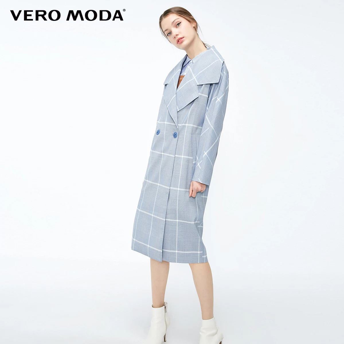 E40 Bijou blue Vero Moda женский OL стиль плед Тренч с лацканами пальто | 319121521 - Цвет: E40 Bijou blue