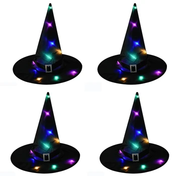 

JEYL 4Pcs Halloween Witch Hat Led Light Up Glowing in Dark Witches Hat Hanging Halloween Decor Glow Party Supplies