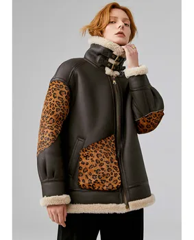 

High Quality Winter New Leopard Locomotive Wool Fur One Coat Genuine Leather Jacket Women Shearling Coat Women's Sheepskin Coats