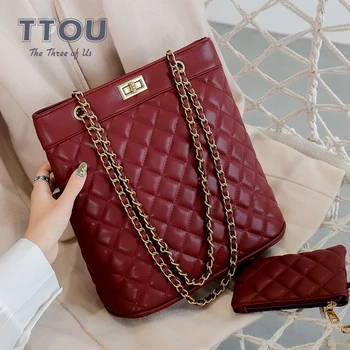 

TTOU Fashion Luxury Women 2 Pcs/set Diamond Lattice Shoulder Bag Quality PU Leather Solid Chain Bag Casual Ladies Tote Bag