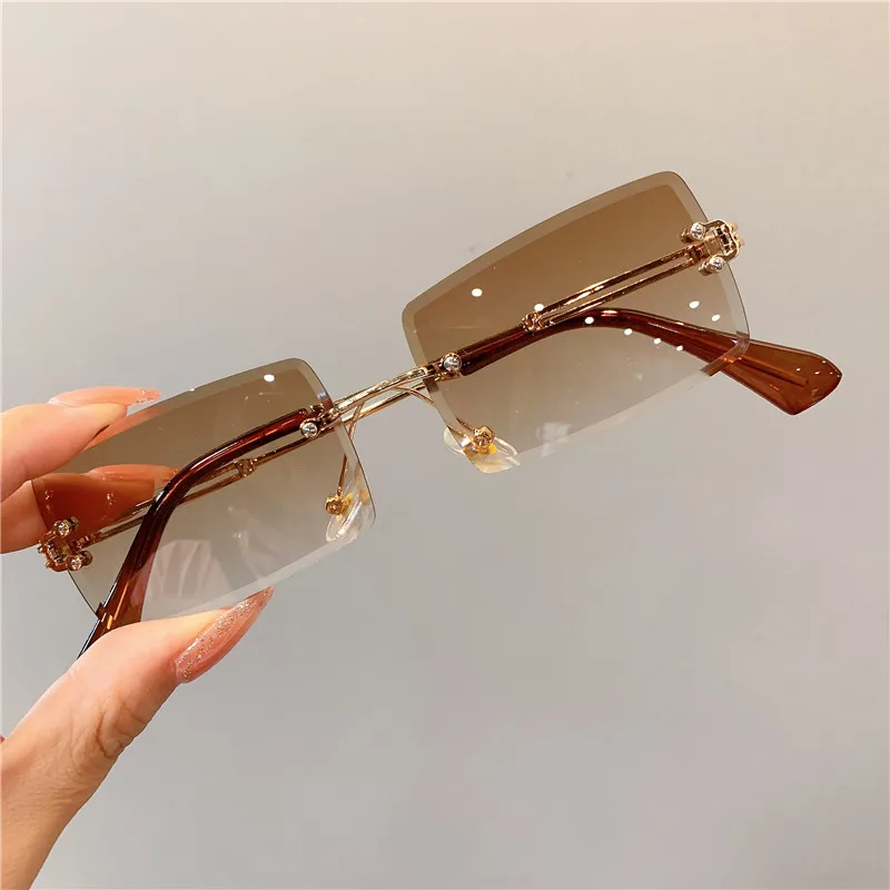 2021 Fashion Women Rimless Rectagular Cutting Lens Sun Glasses Retro Gradient Red Sunglasses Wholesale UV400 cute sunglasses