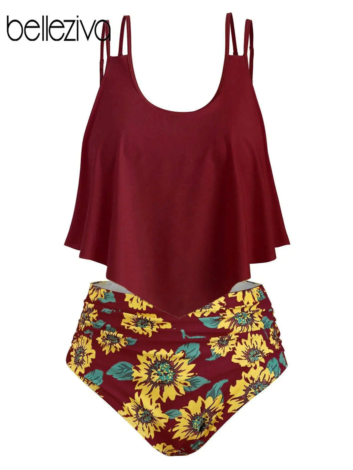 

Belleziva Sunflower Print Ruffled High Waist Split Swimsuit