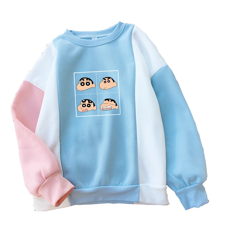 

Women Harajuku Japanese Crayon Shin Chan Anime Print Sweatshirt Casual Streetwear Kawaii Cartoon Print Fleece Spell Color Hoodie