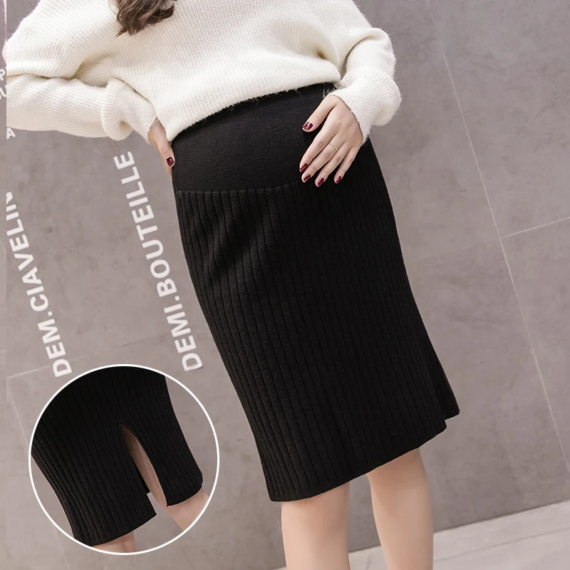 Autumn/Winter Pregnant Women Belly Skirts Solid Color Adjustable Waist Maternity Knitting Skirts Back Split Knee-Length Skirts