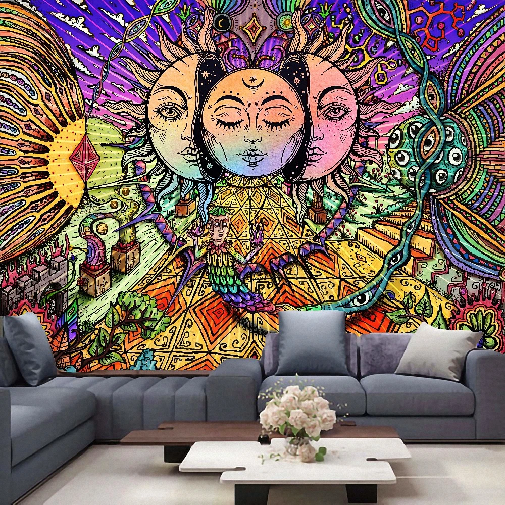 USA Hippie Mandala Sun Face Tapestry Room Wall Hanging Psychedlic Throw Tapestry 