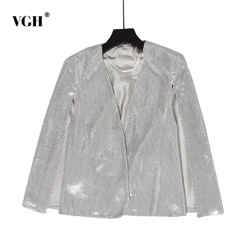 

VGH Sequin Patchwork Women's Blazer V Neck Long Sleeve Split Large Size Cloak Blouse Female Autumn 2019 Fashion New Clothing