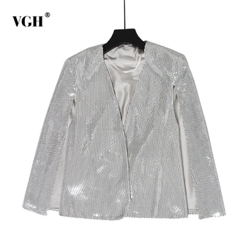 

VGH Sequin Patchwork Women's Blazer V Neck Long Sleeve Split Large Size Cloak Blouse Female Autumn 2020 Fashion New Clothing
