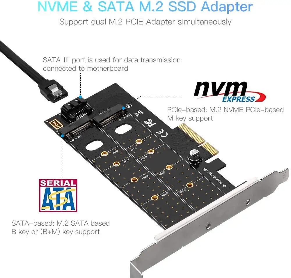 Адаптер Onvian 2 в 1 M.2 PCIE NGFF PCI-e 3,0x4 на SATA или PCIE NVMe SSD с поддержкой NVME(m Key) или SATA(b Key