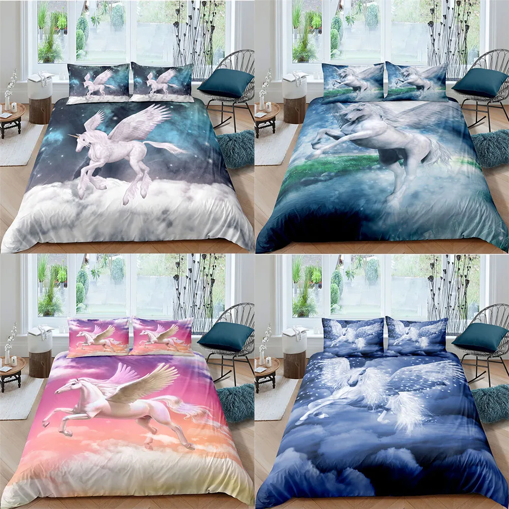 

Lovely Unicorn Pattern Bedding Set Queen Size Duvet Cover Comforter Bed Cover Set Bedclothes Quilt Covers