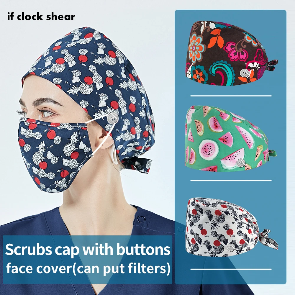 

Cute Printing Working Hat with buttons 100% Cotton Women Men Beautician Dust Proof Cooking Chef Caps Clearance Pattern Scrub Cap
