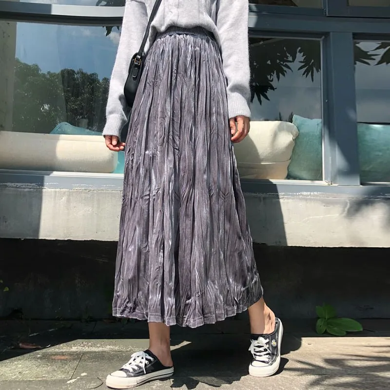 denim skirts for women Big code fat mm deer leather skirt foreign air long section plus fat girl pleated knee A word gold velvet pleated skirt long skirts