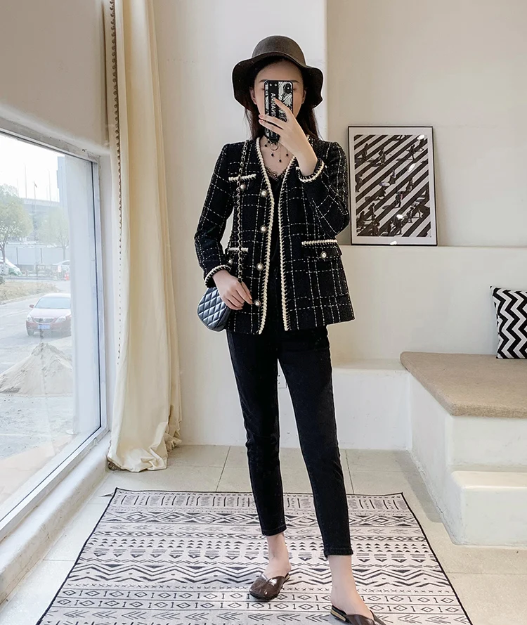 New  Autumn Winter Tweed Coat 2019 Fashion Women's Small Fragrance Long Sleeve Wool Coat Vintage Cardiga
