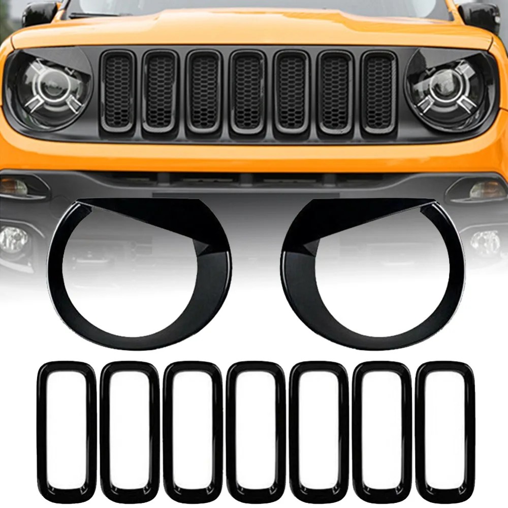 Автомобильный глянцевый черный Передний гриль вставка+ Angry Eyes фары Ободок Крышка для Jeep Renegade