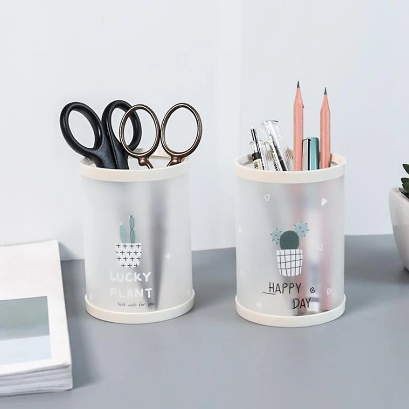 

1 Pcs Kawaii Cherry Sakura Cactus Fruit Bear PP Round Pen Holders Organizer Stationery Transparent Students Pencil Holders Gifts