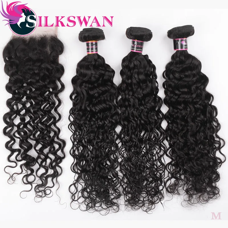 

Silkswan Hair Human Hair Bundles With Closure Water Wave Brazilian Remy Hair weaves 4pcs/lot Human Hair extensions For Women