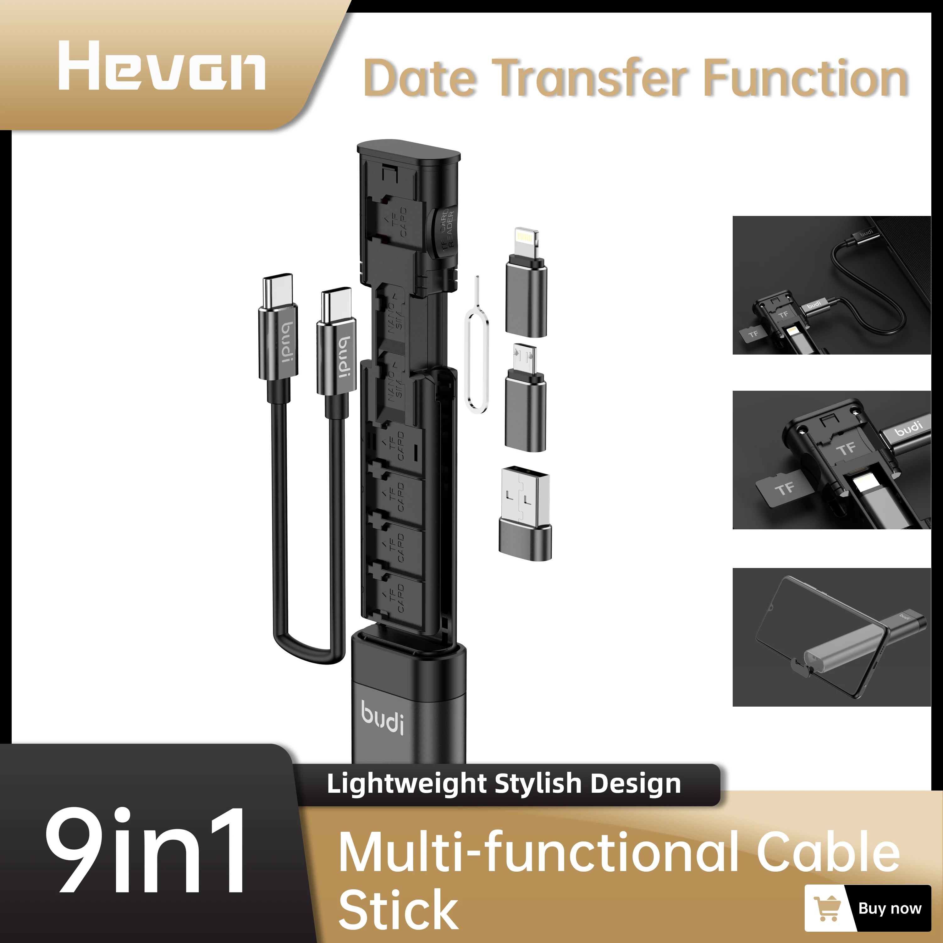 

Budi 9 in 1 Multi-functional Cable Stick With Type C To USB C Connector Sim Kit TF Card Slot Memery Reader Camera Date Transfer