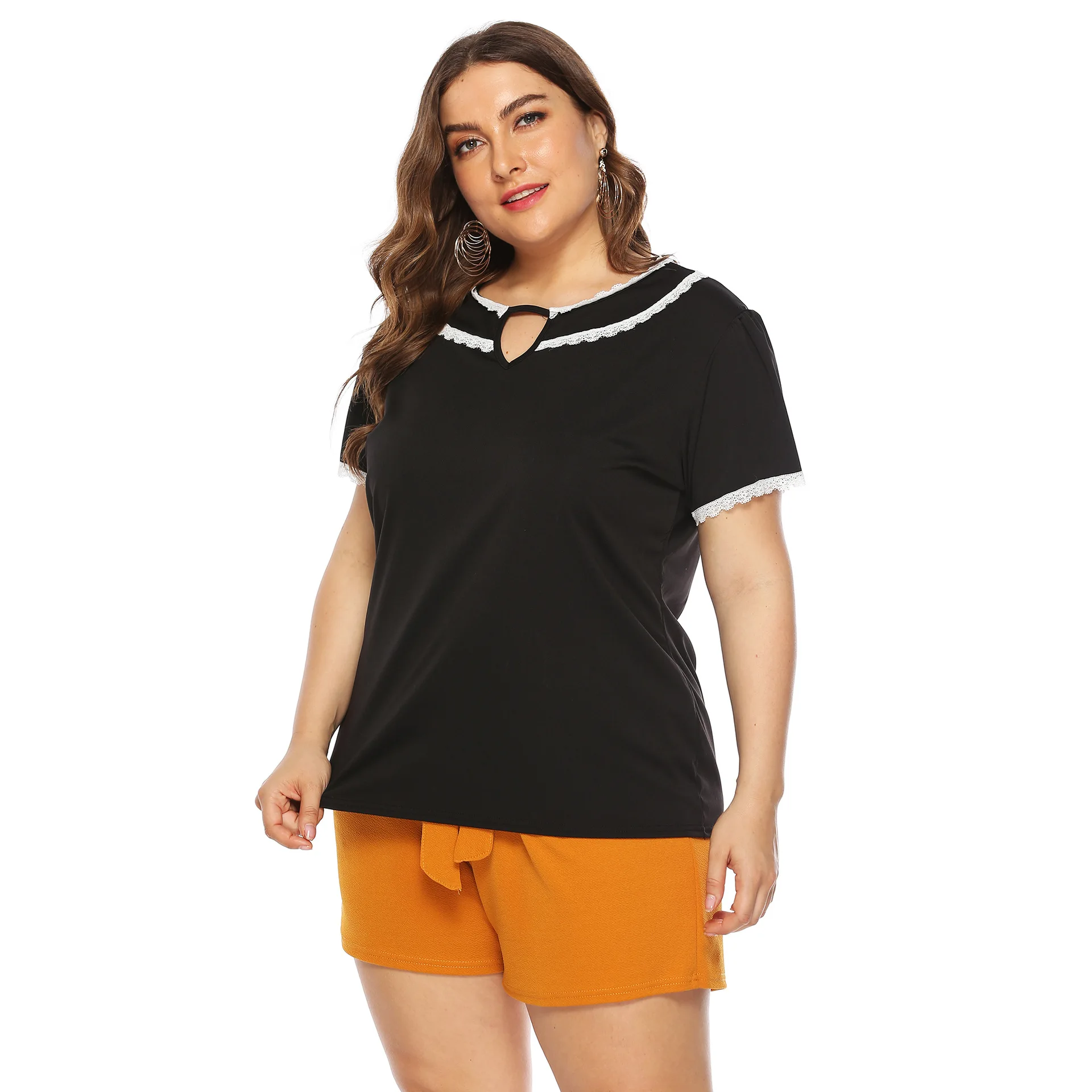 

Europe And America Loose And Plus-sized WOMEN'S Dress Lace Joint Crew Neck Short Sleeve Leisure T-shirt Tops 10017